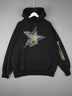 RockStar Energy Logo Pullover Hoodie Mens Black XL Grunge Skater Y2K